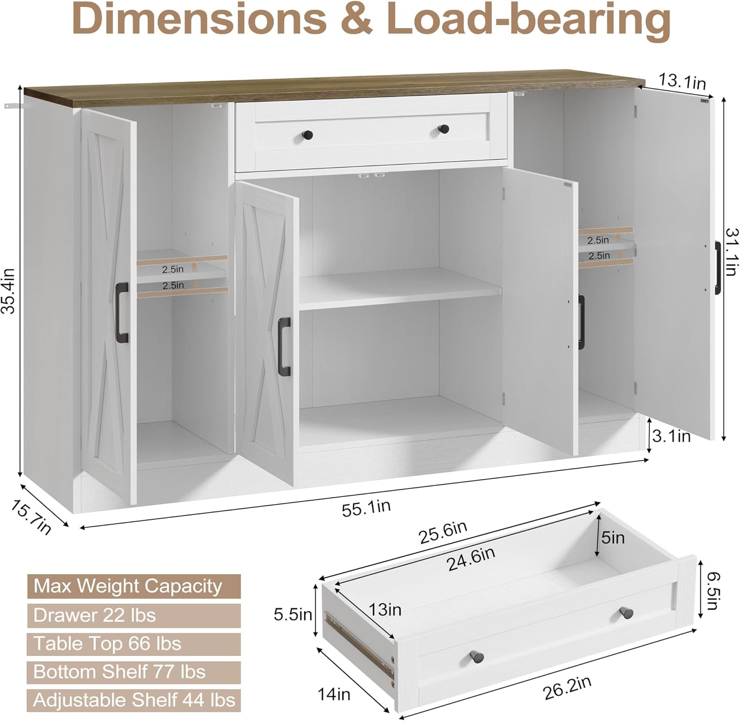 Vividwood 55" Buffet Cabinet with Drawer - 4-Door Storage Sideboard for Dining Room