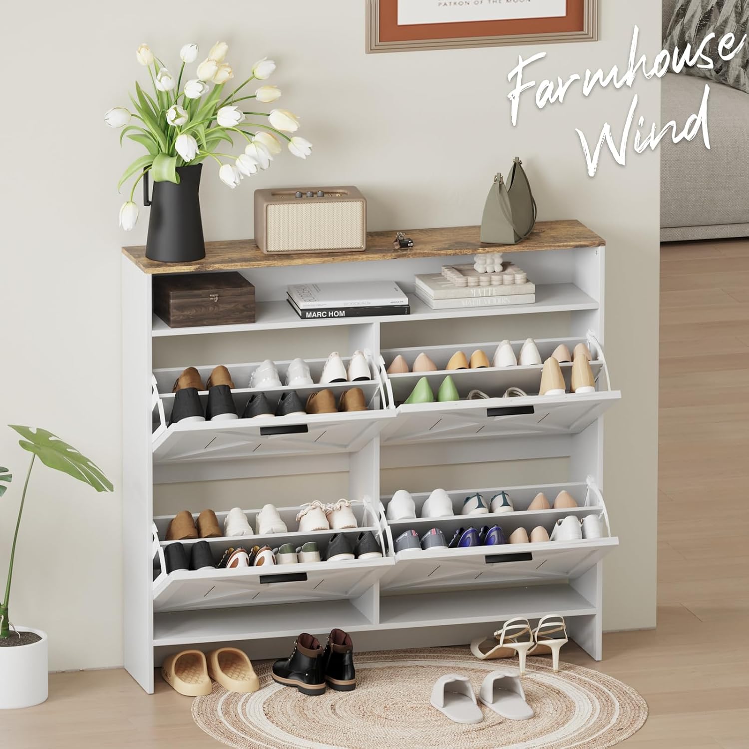 Vividwood 4-Drawer Shoe Cabinet‌ - Farmhouse Organizer for Entryway (White)