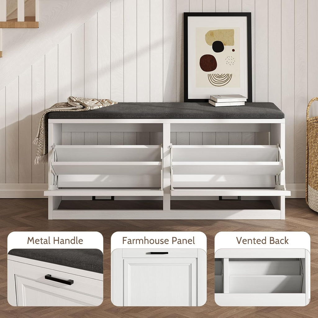 Vividwood 2-Tier Storage Bench - Padded Seat & Barn Doors (White)