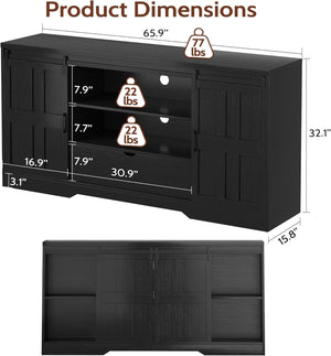 Vividwood Farmhouse TV Stand‌ - Adjustable Shelves & Barn Doors (Black)