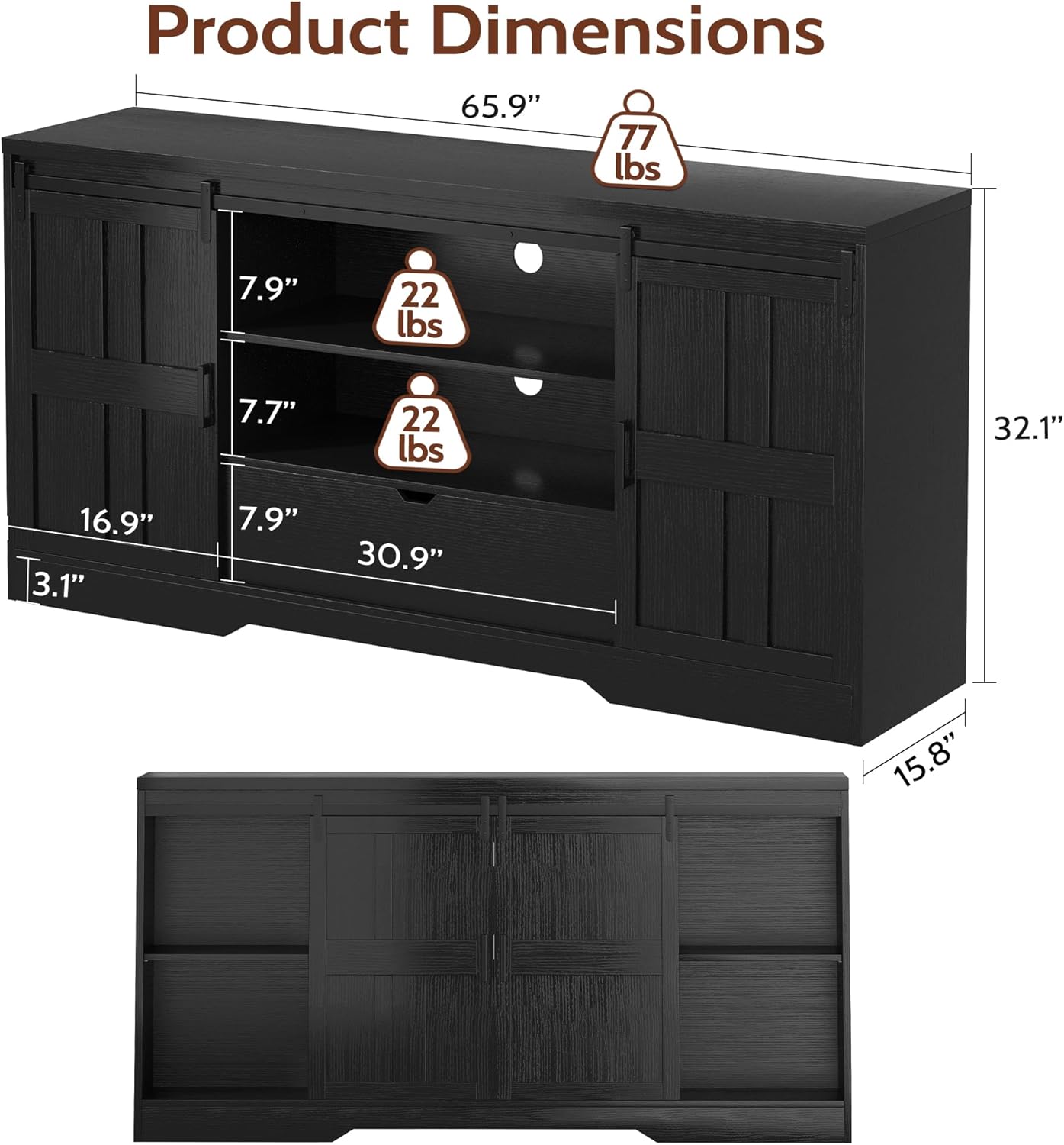 Vividwood Farmhouse TV Stand‌ - Adjustable Shelves & Barn Doors (Black)
