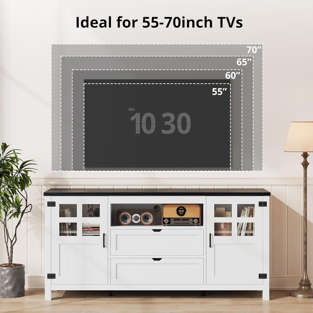 Vividwood Farmhouse TV Stand with Storage - Entertainment Center (Rustic White)