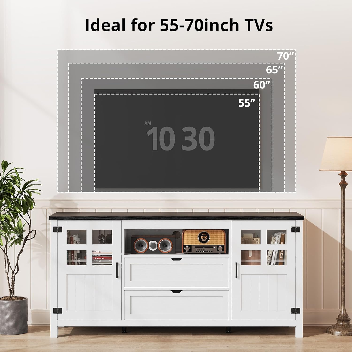 Vividwood Farmhouse TV Stand with Storage - Entertainment Center (Rustic White)