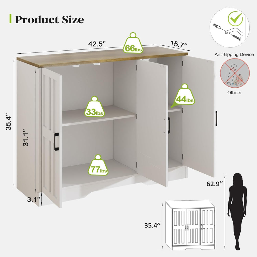 AesthLife Classical White Sideboard‌ - 42.5" Farmhouse Storage Cabinet