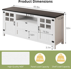 Vividwood Farmhouse TV Stand with Storage - Entertainment Center (Rustic White)