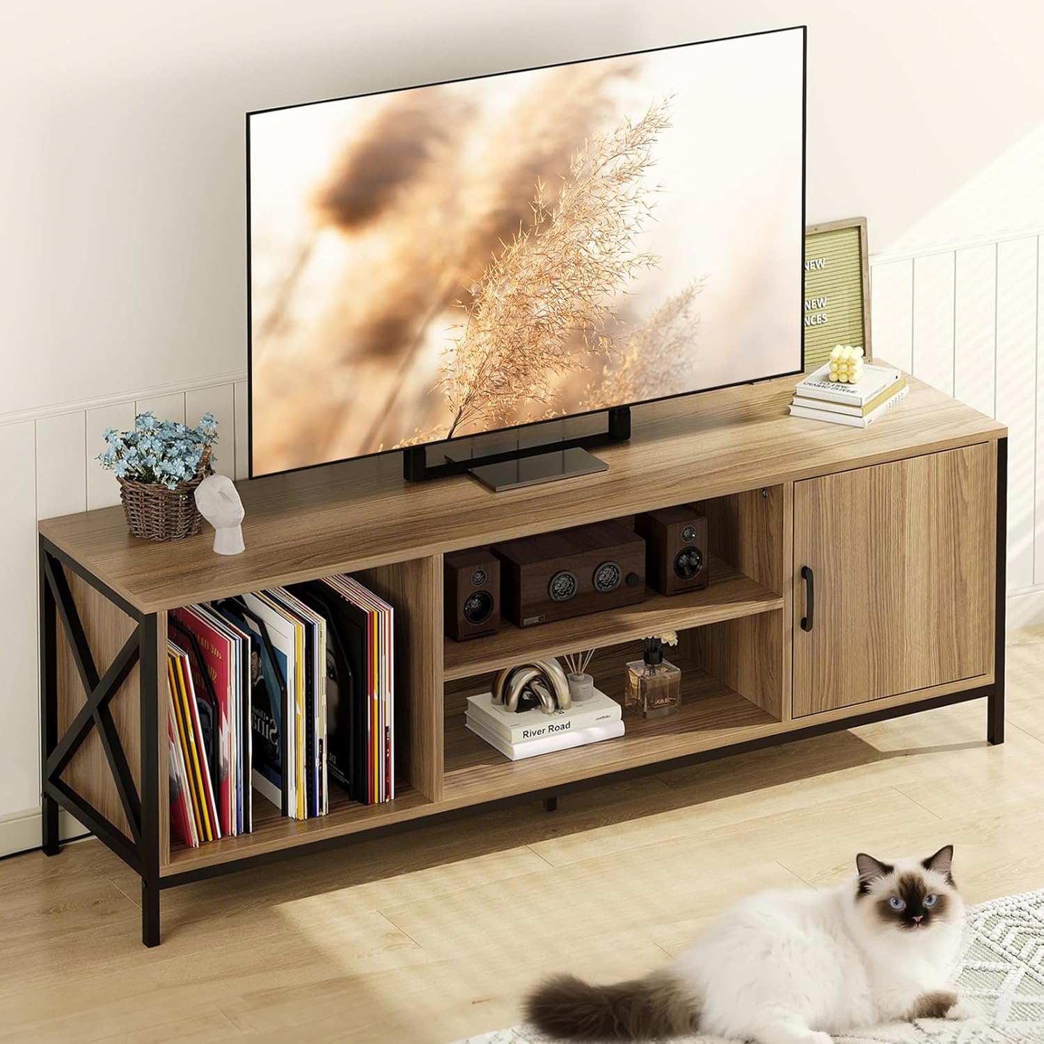 Vividwood 65" Farmhouse TV Stand - Entertainment Center with Storage (Pine Brown)