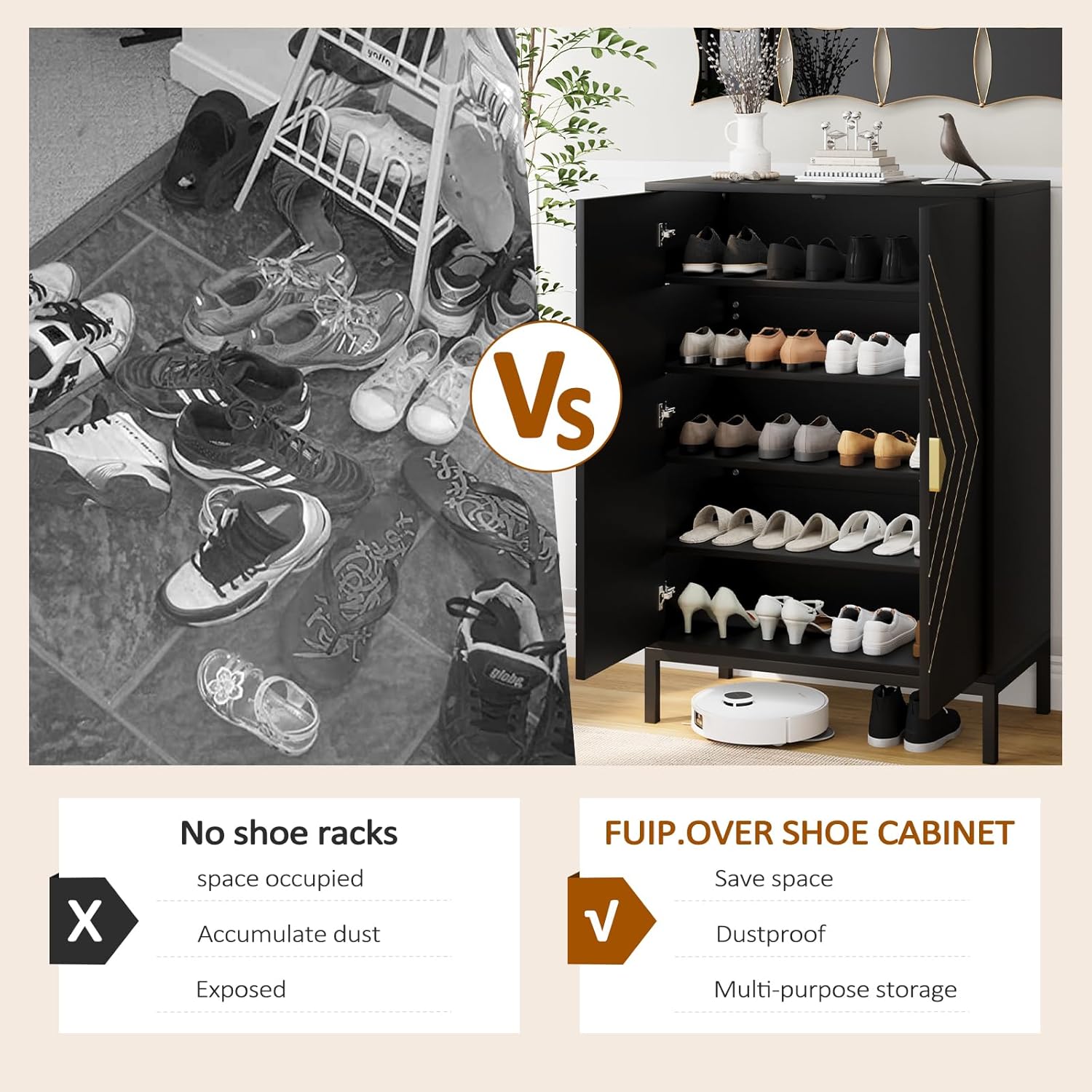 Vividwood 5-Tier Shoe Storage Cabinet‌ - Adjustable Shelves & Doors (Black)