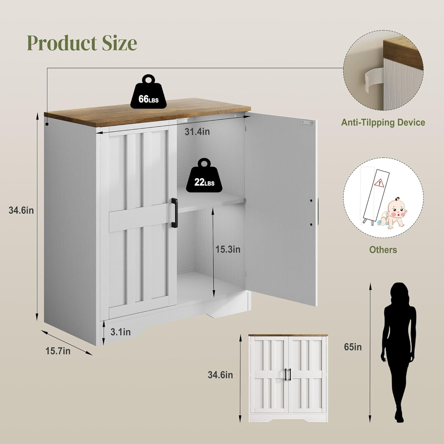 AesthLife Storage Cabinet with Doors & Adjustable Shelves - Classical White Sideboard for Entryway Living Room Kitchen