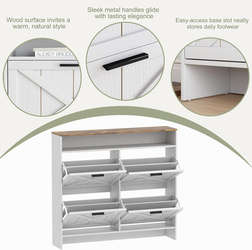 AesthLife Shoe Storage Cabinet - Rustic White 4-Drawer Organizer with Anti-Tip Base for Apartments