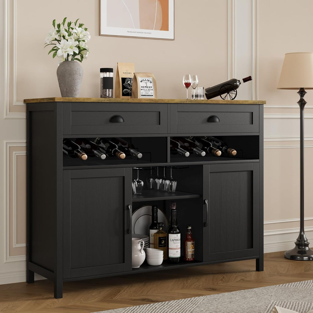 Vividwood 47.2" Farmhouse Wine Cabinet - Wine & Glass Rack Storage (Black)