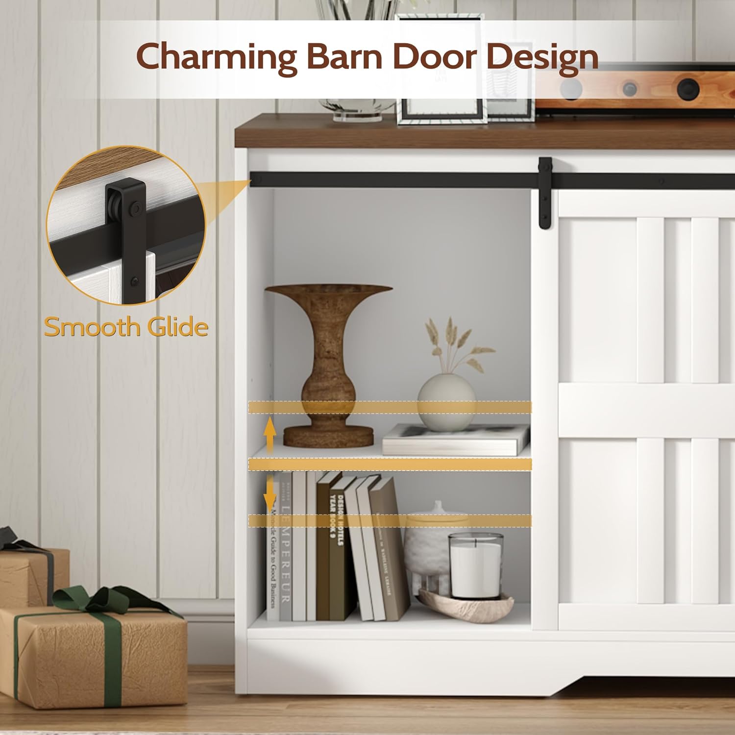 Vividwood Farmhouse TV Stand for 70" TVs - Entertainment Center with Barn Doors & Storage