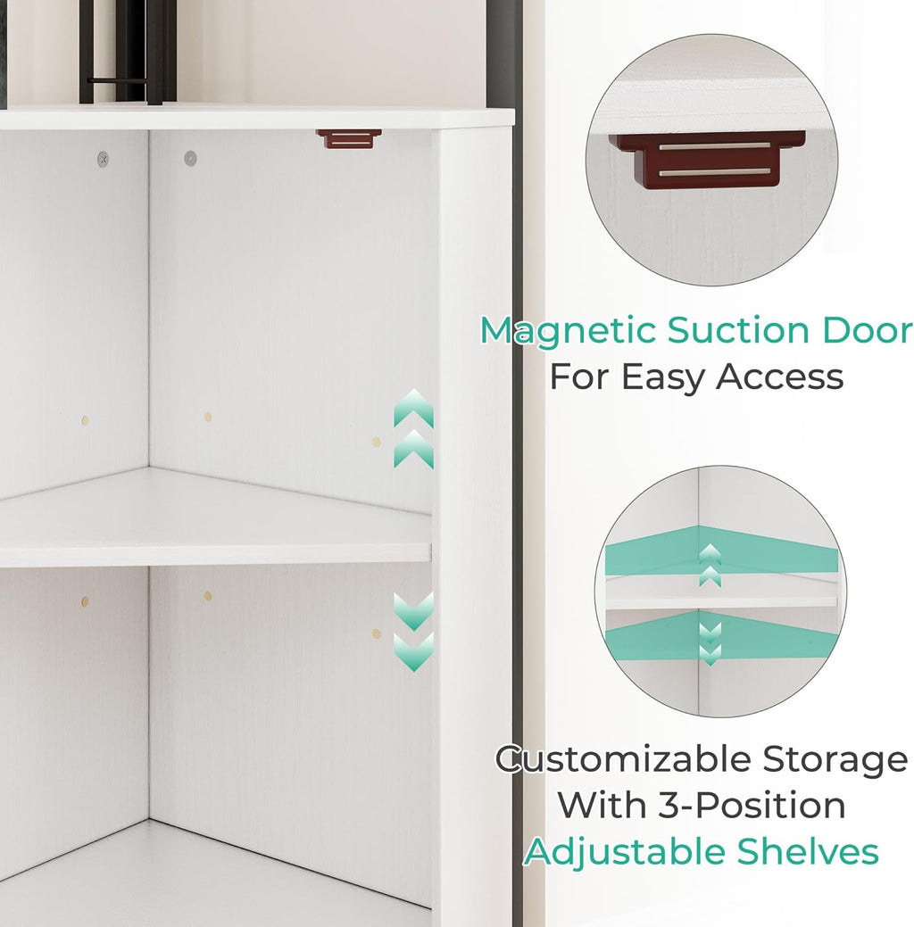 Vividwood 63" Corner Bar Cabinet‌ - Farmhouse Liquor Storage for 50+ Bottles (Ivory White)