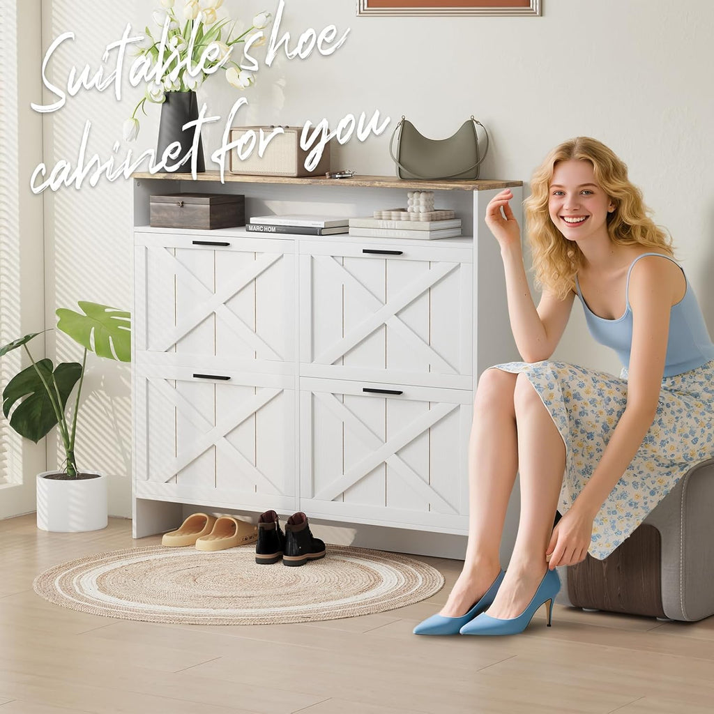 Vividwood 4-Drawer Shoe Cabinet‌ - Farmhouse Organizer for Entryway (White)