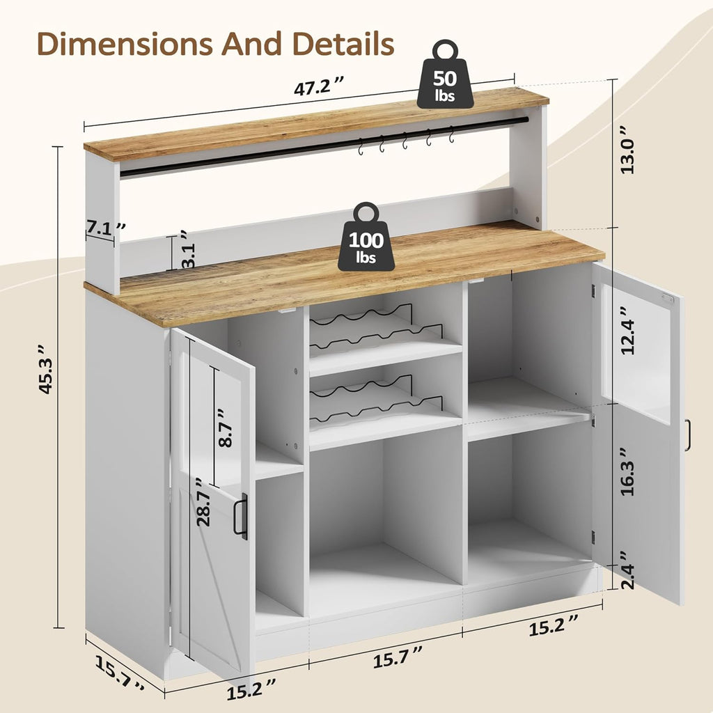 Vividwood Farmhouse White Bar Cabinet - Acrylic Door Wine Storage with Open Shelves