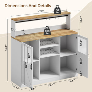 Vividwood Farmhouse White Bar Cabinet - Acrylic Door Wine Storage with Open Shelves