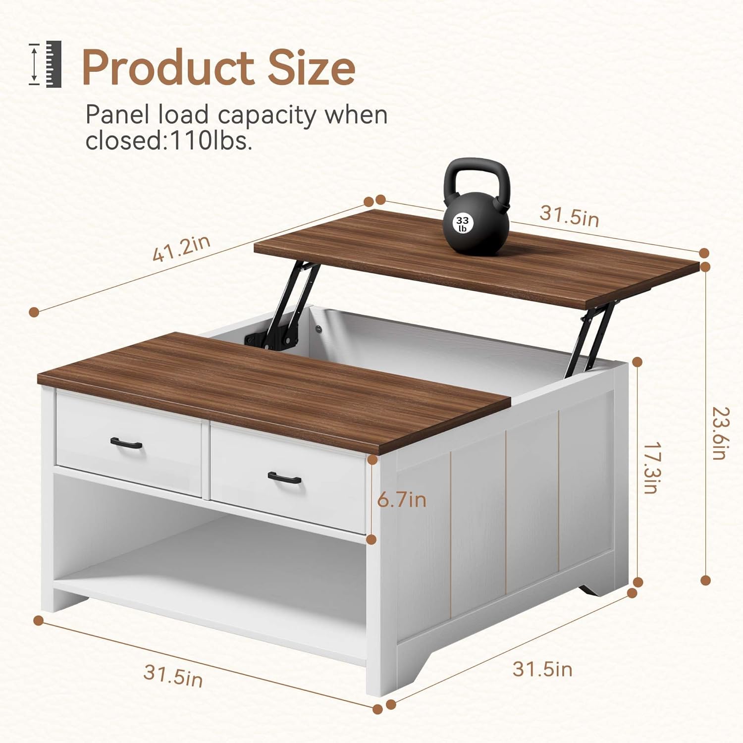 Vividwood Lift Top Coffee Table - Farmhouse Design with Open Storage & 2 Drawers (White)