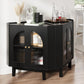 Vividwood Fluted Freestanding Floor Corner Cabinet with Doors & Shelves, Storage for Bathroom Kitchen Living Room, Black