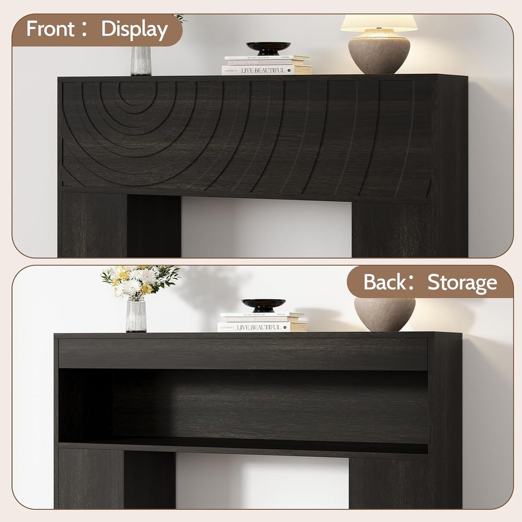 Vividwood 13.4" Farmhouse Console Table - Carved Water Ripple Design (Black)