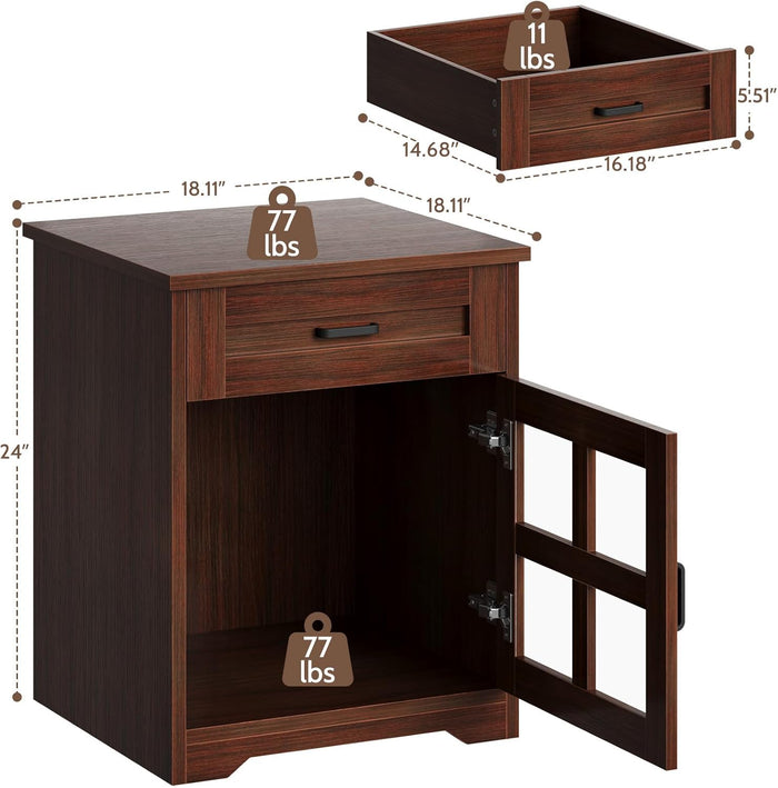 Vividwood 18" Farmhouse Wood End Table with Drawer & Barn Door Storage, Sofa Side Bedside Table for Living Room Bedroom, Espresso