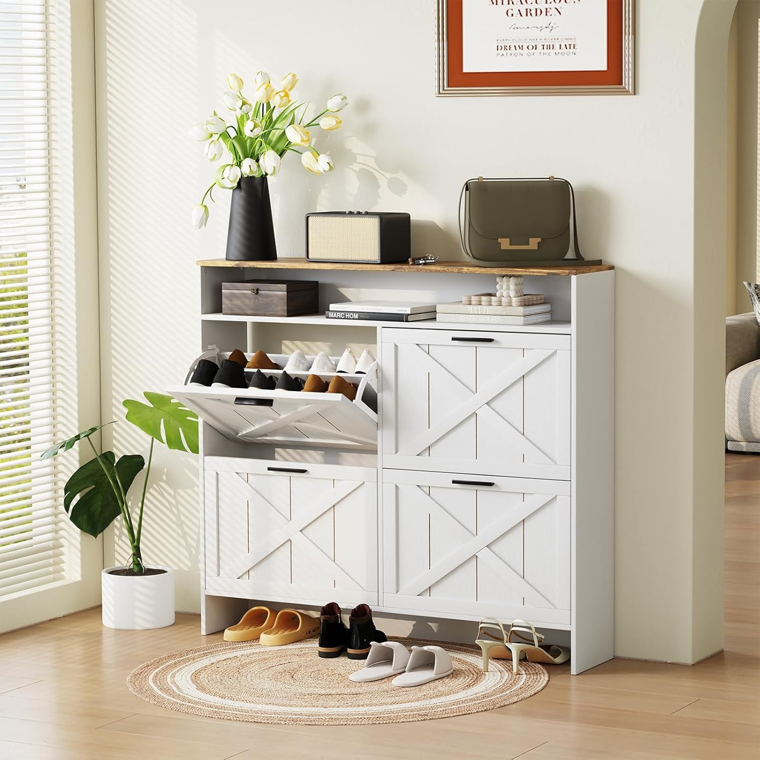 Vividwood 4-Drawer Shoe Cabinet‌ - Farmhouse Organizer for Entryway (White)
