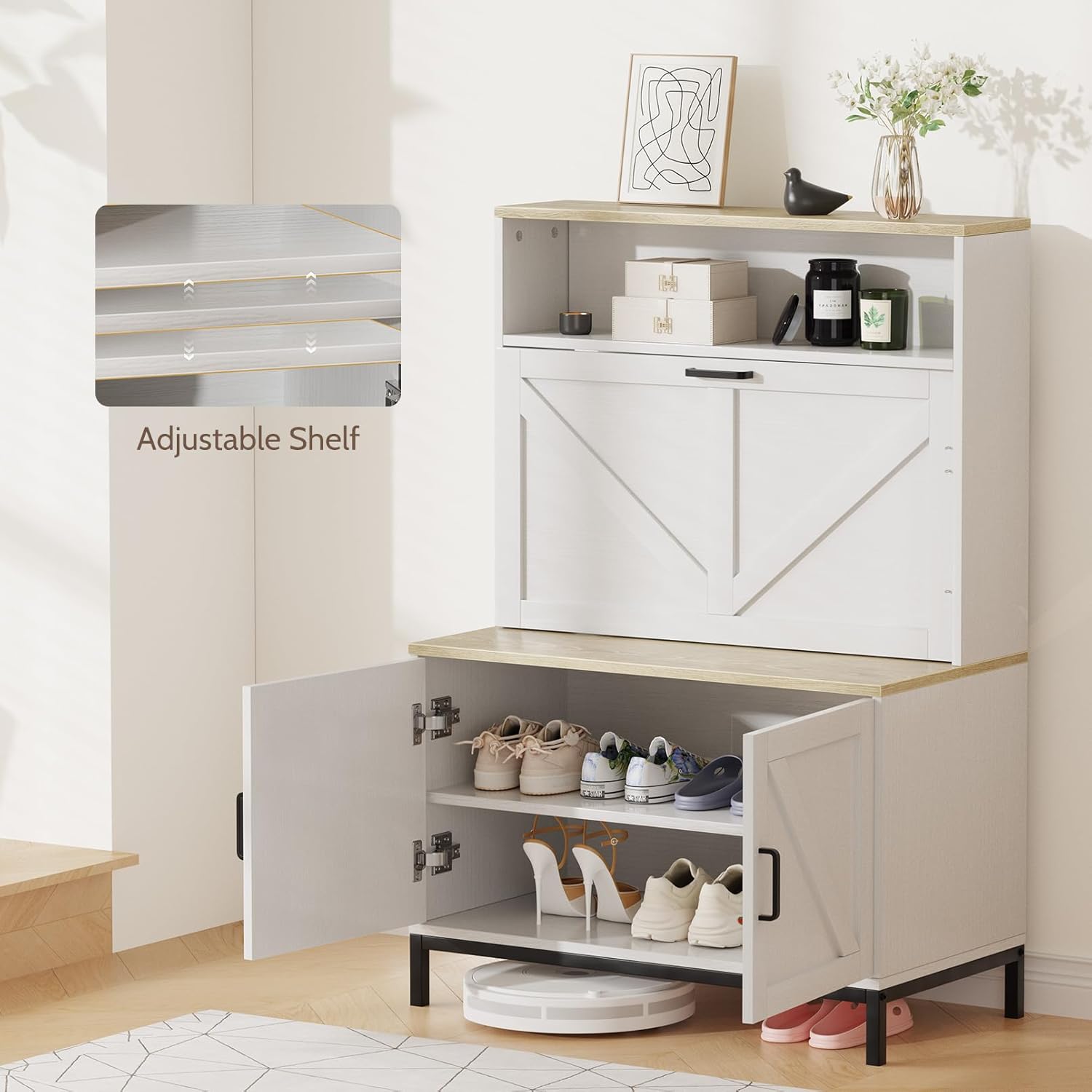 Vividwood Farmhouse Shoe Cabinet‌ - Flip Drawer & Doors Organizer (White)