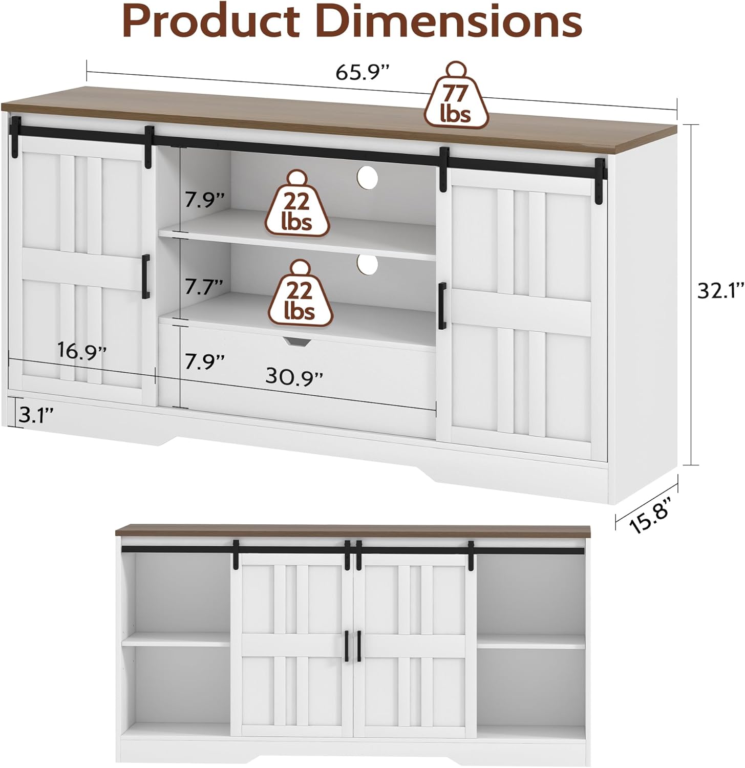 Vividwood Farmhouse TV Stand for 70" TVs - Entertainment Center with Barn Doors & Storage
