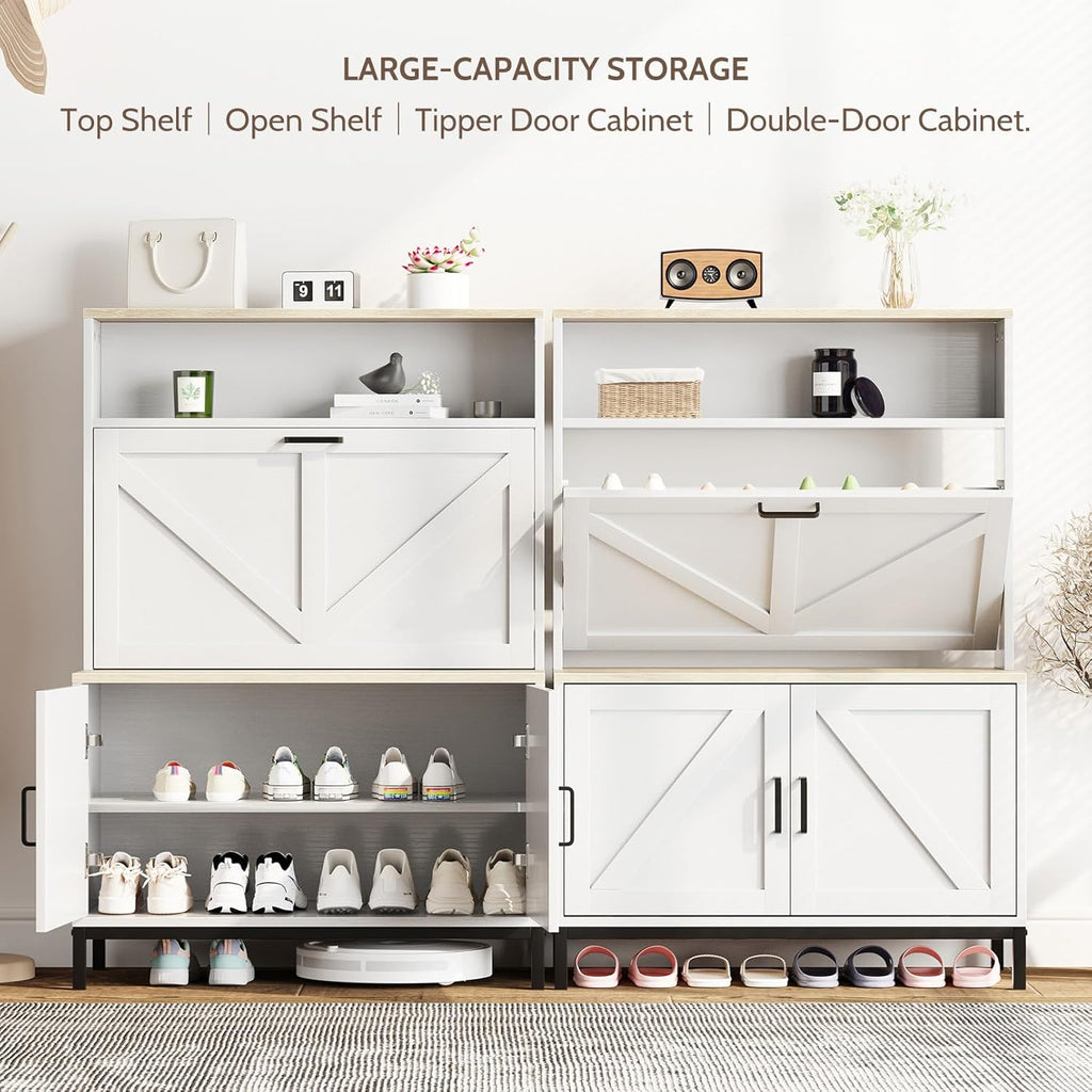 Vividwood Farmhouse Shoe Cabinet‌ - Flip Drawer & Doors Organizer (White)
