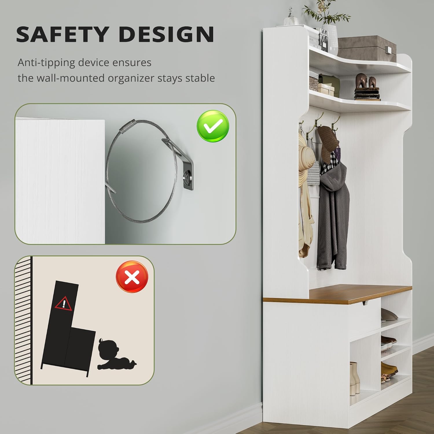 AesthLife Modern Hall Tree - Bench & Shoe Storage Organizer (Classical White)