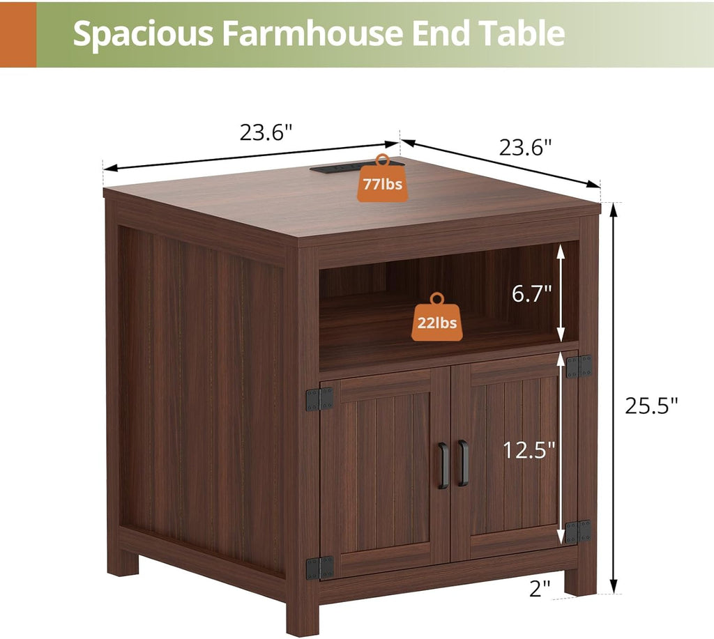 Vividwood Farmhouse End Table‌ - 23.6"W Side Table with Charging Station