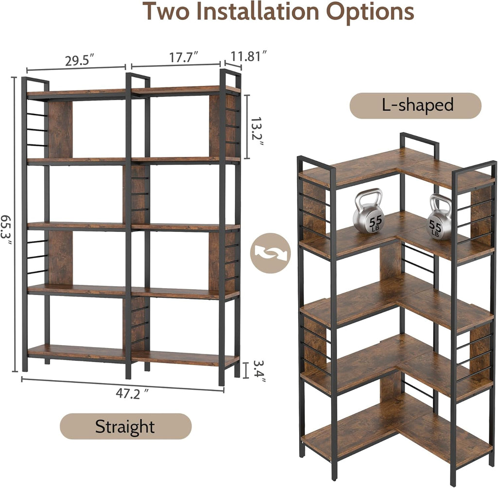 Vividwood 5-Tier Corner Bookshelf‌ - Industrial Wooden Display with Metal Frame
