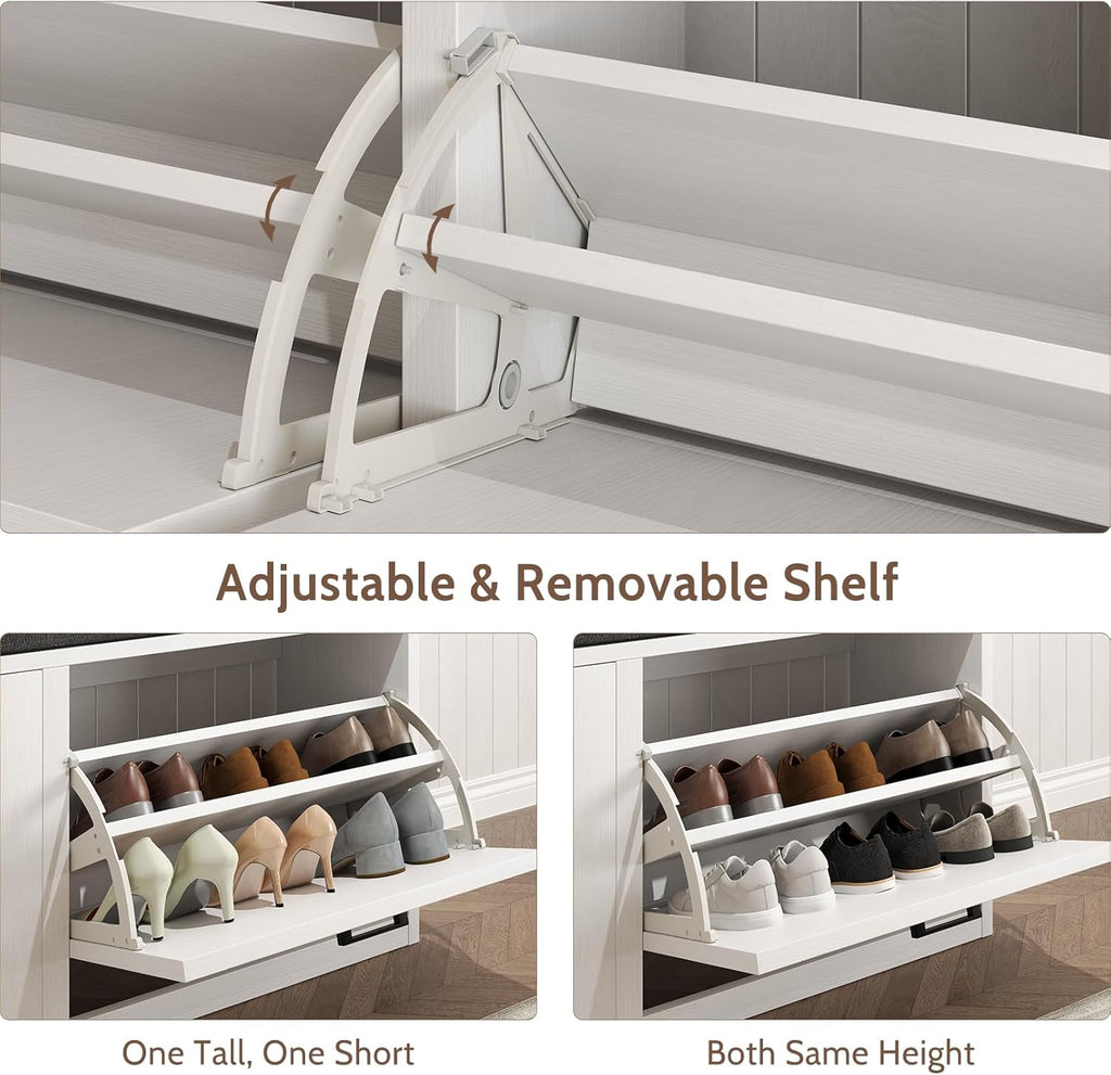 Vividwood 2-Tier Storage Bench - Padded Seat & Barn Doors (White)