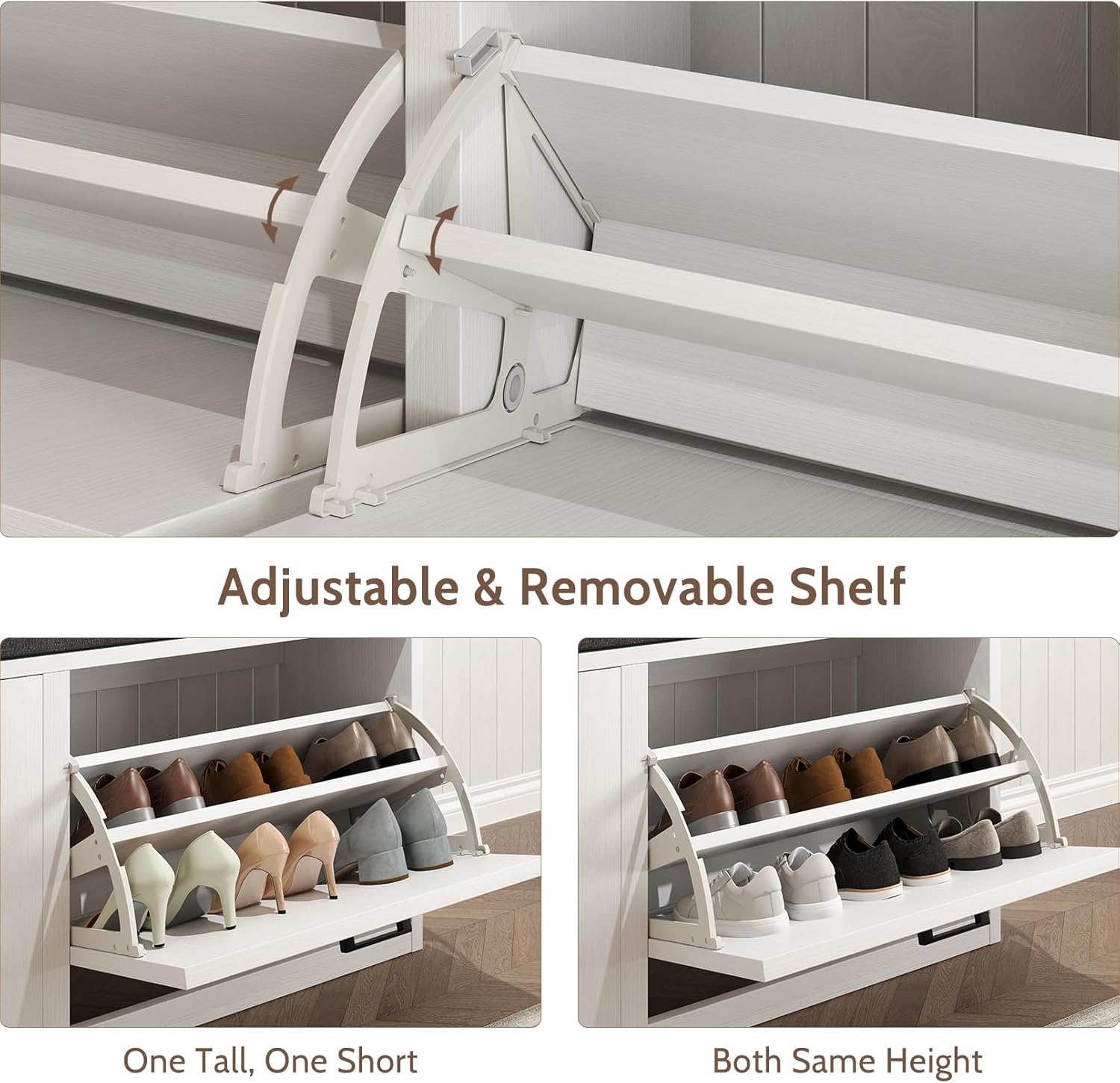 Vividwood 2-Tier Storage Bench - Padded Seat & Barn Doors (White)