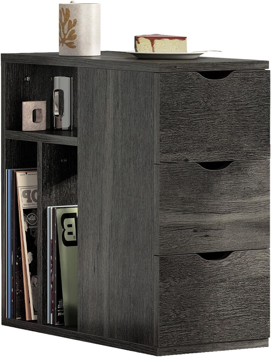 Vividwood 3-Drawer End Table‌ - Narrow Wood Side Table with Record Storage (Black)