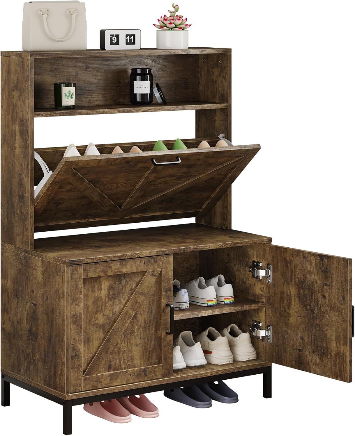Vividwood Farmhouse Shoe Cabinet‌ - Flip Drawer & Doors Organizer (Brown)