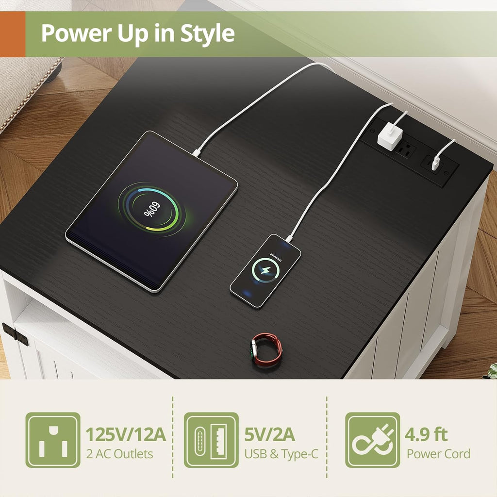 Vividwood 23.6" Farmhouse End Table - Barn Door Design with Charging Station