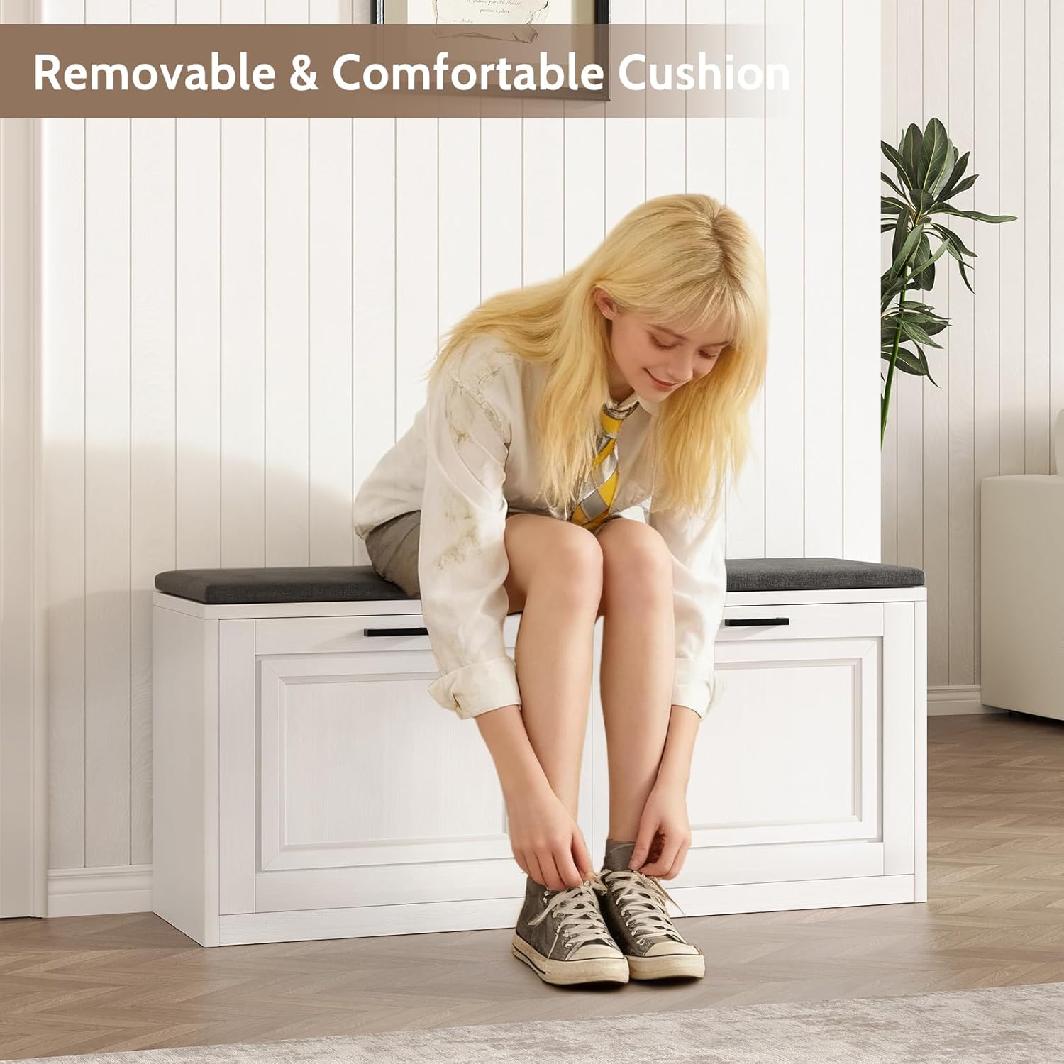 Vividwood 2-Tier Storage Bench - Padded Seat & Barn Doors (White)