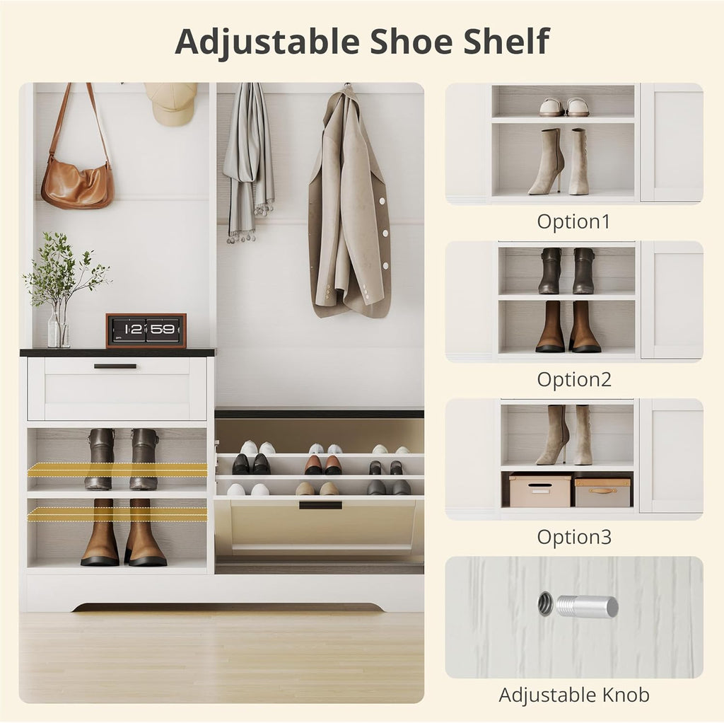 AesthLife Modern Hall Tree‌ - Bench & Shoe Storage Organizer (Black Wood Grain)