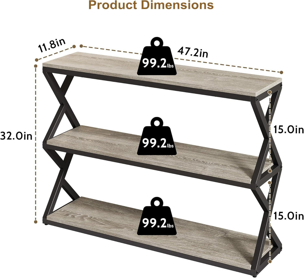 Vividwood Industrial Console Table - 3-Tier Rustic Design with Storage Shelves (Light Gray)