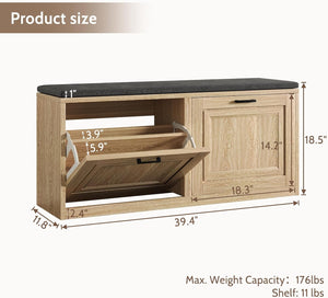 Vividwood 2-Tier Storage Bench - Padded Seat & Barn Doors (Wood)