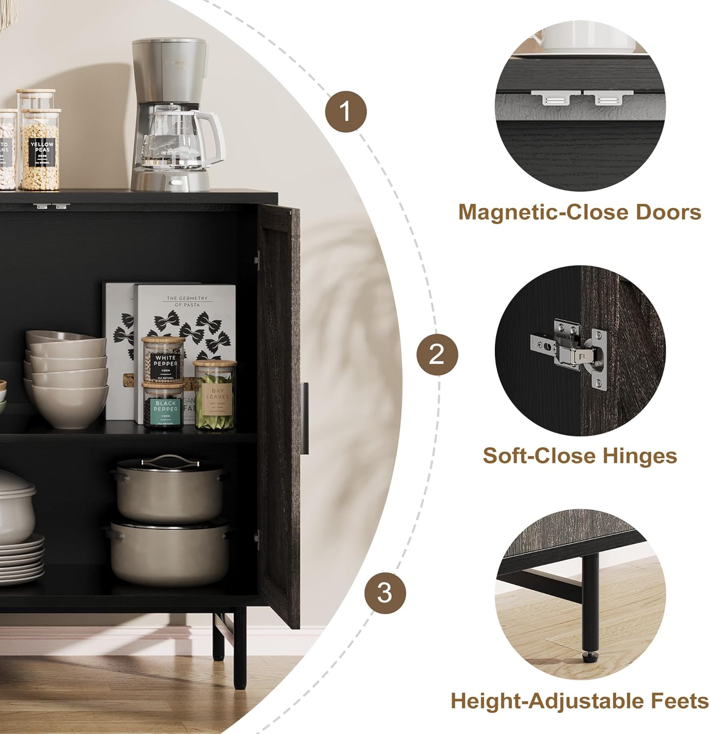 Vividwood Modern Sideboard - 2-Door Storage Cabinet with Adjustable Shelves (Grey)