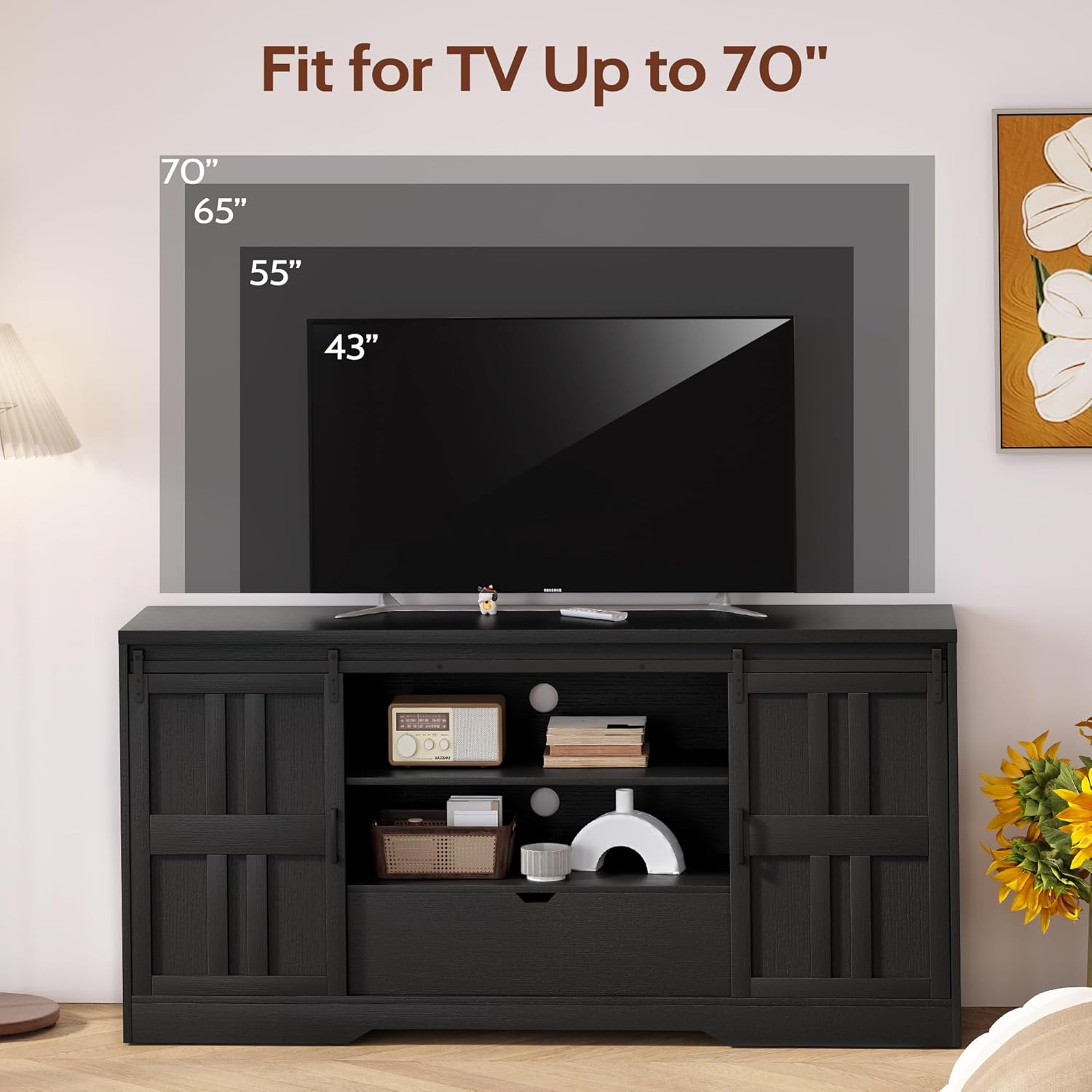 Vividwood Farmhouse TV Stand‌ - Adjustable Shelves & Barn Doors (Black)