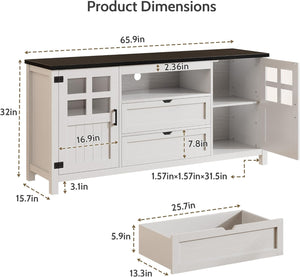 Vividwood Farmhouse TV Stand for 70" TVs - Adjustable Shelves & Barn Doors (White)