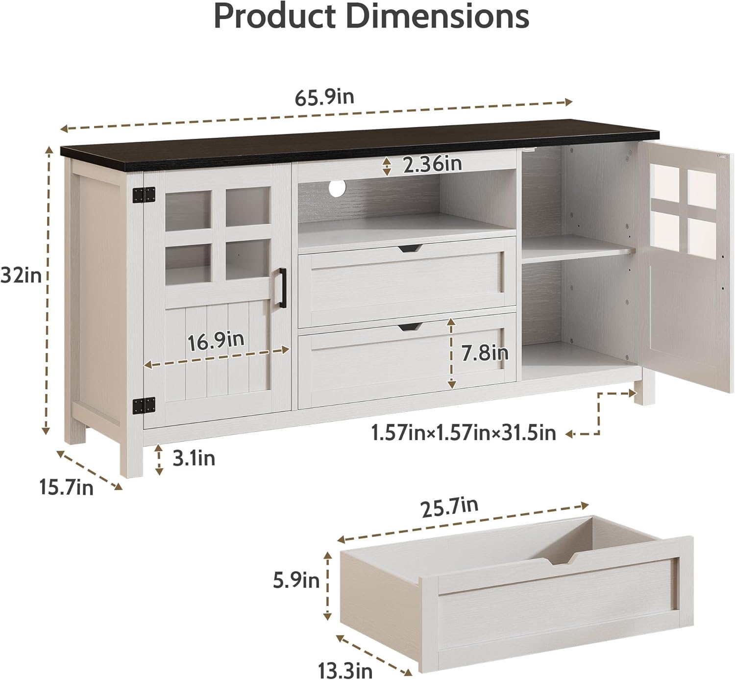 Vividwood Farmhouse TV Stand for 70" TVs - Adjustable Shelves & Barn Doors (White)