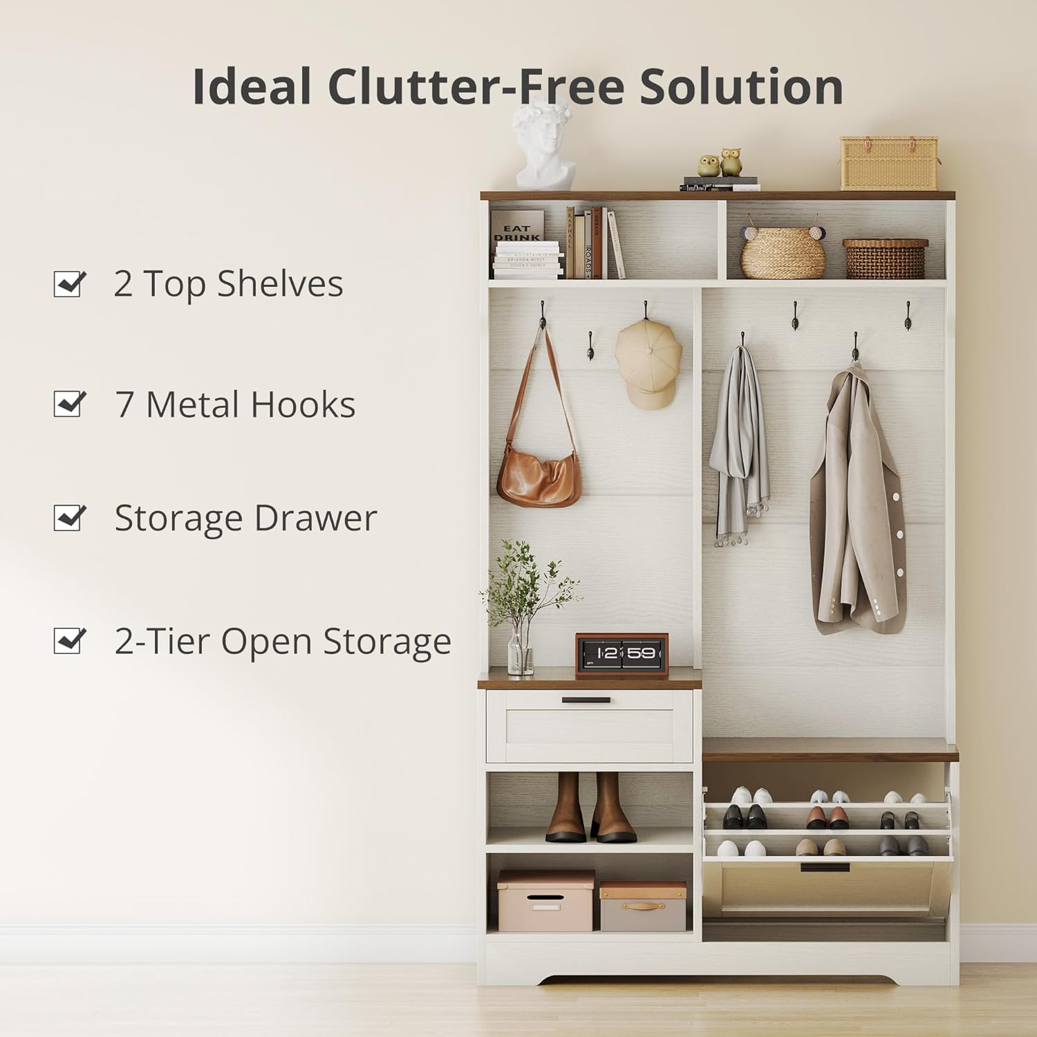 AesthLife Hall Tree with Bench & Shoe Storage - 7-Hook Coat Rack Entryway Organizer (Walnut Brown)