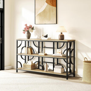 Vividwood 55" Industrial Sofa Table‌ - 3-Tier Storage Console with Geometric Design (Rustic Brown)