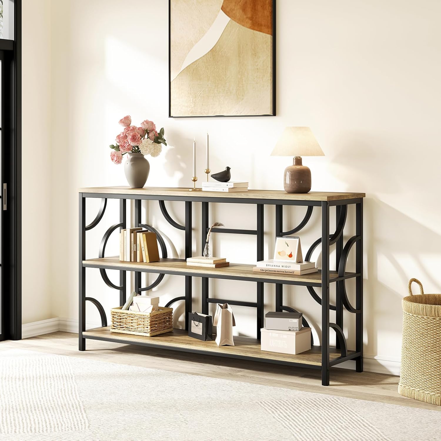 Vividwood 55" Industrial Sofa Table‌ - 3-Tier Storage Console with Geometric Design (Rustic Brown)