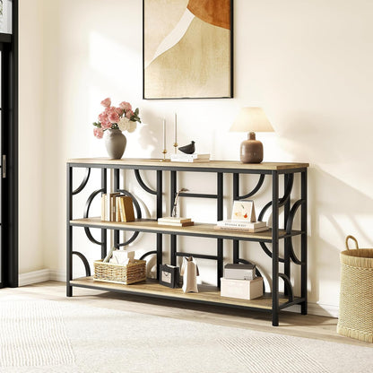 Vividwood 55" Industrial Sofa Table‌ - 3-Tier Storage Console with Geometric Design (Rustic Brown)