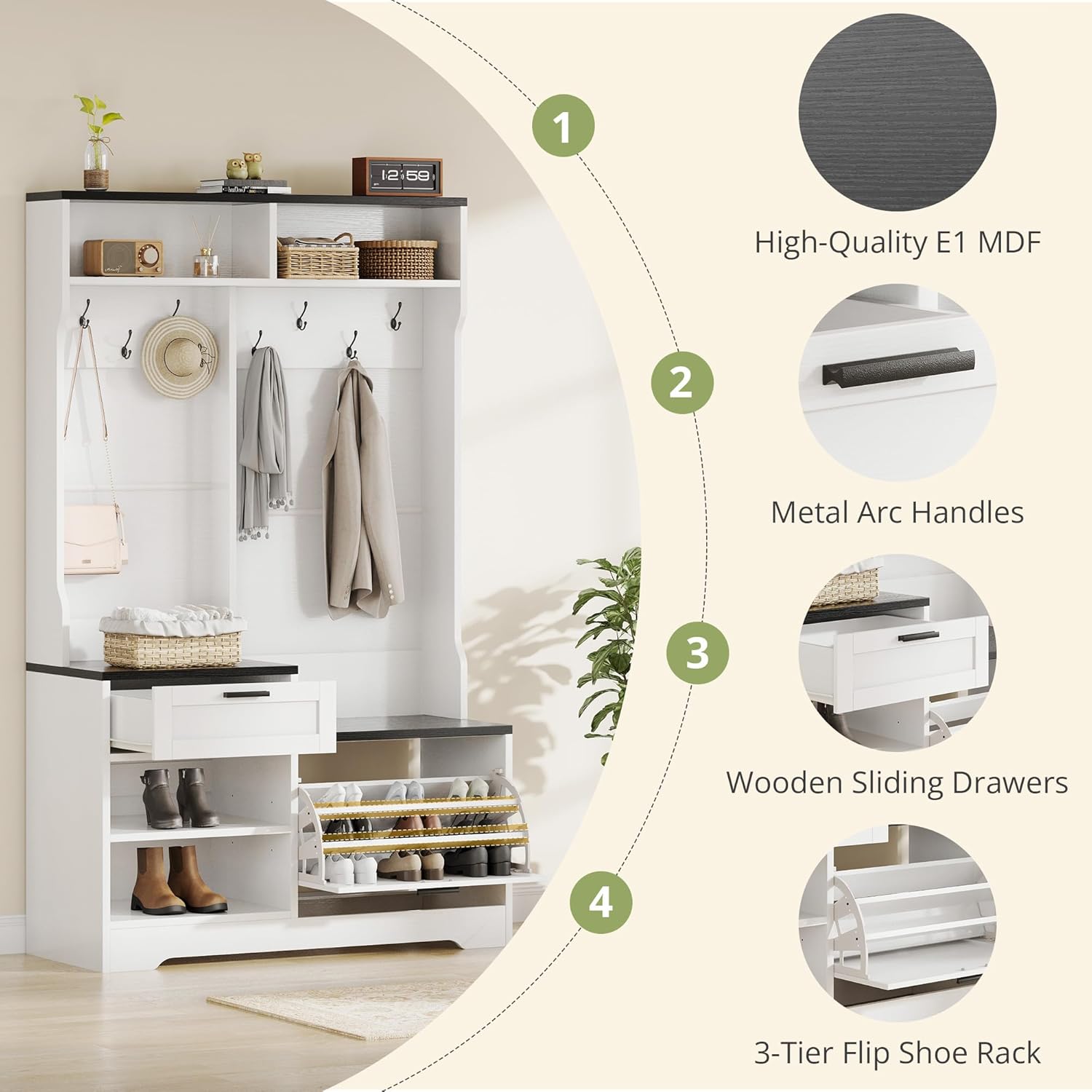 AesthLife Modern Hall Tree‌ - Bench & Shoe Storage Organizer (Black Wood Grain)