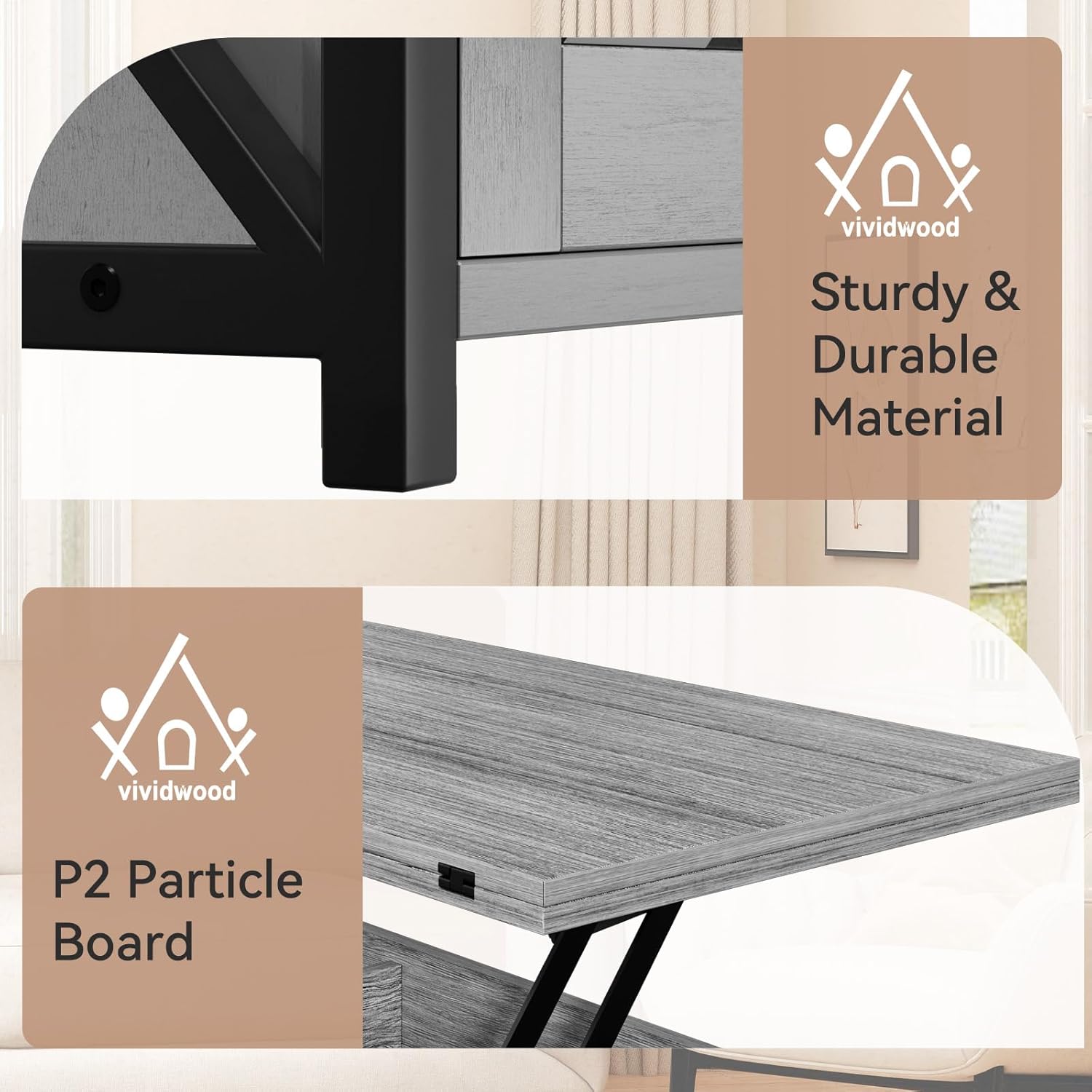 Vividwood Farmhouse Lift Top Coffee Table - 4-in-1 Convertible with Storage (Grey)