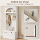 Hall Tree with Bench and Shoe Storage, Farmhouse Entryway Coat Rack with Arched Top Shelf, 5 Hooks, Flip-Down Shoe Cabinet, Beadboard Paneling, Anti-Tip Device, White, 32.7" x 15.8" x 76.8"